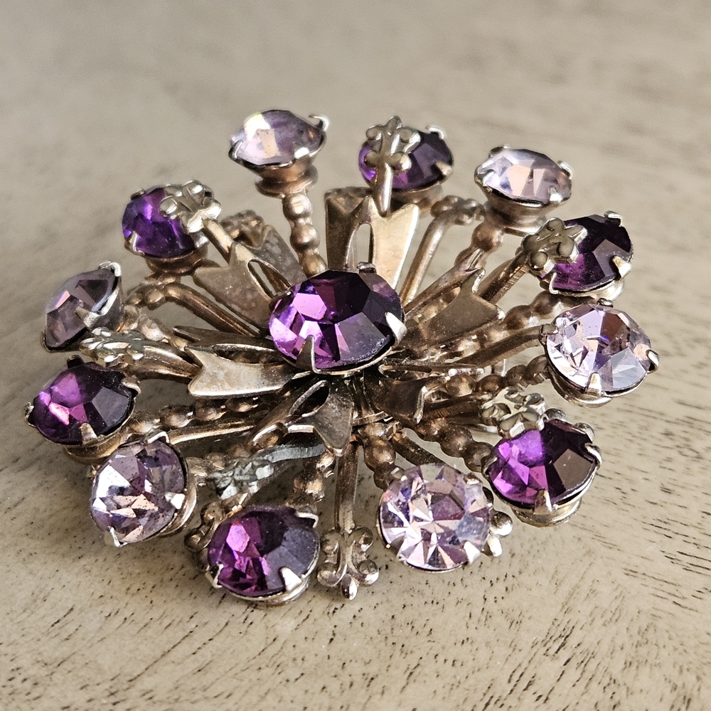 Vintage Brooch Purple Rhinestone Flower Starburst Fleur-de-Lis Pin Brass